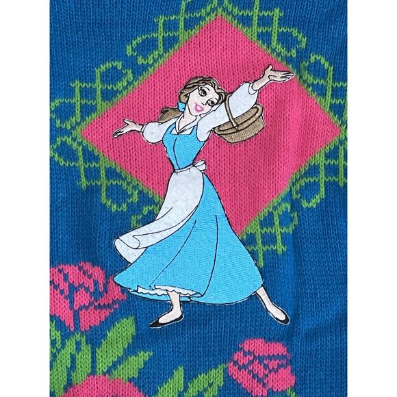 RARE Disney BELLE Sweater Kids 7 Beauty and the Beast 90s Acrylic Knit Applique - Picture 2 of 8